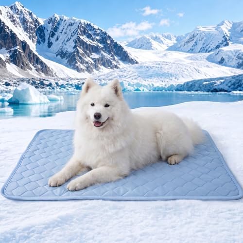 PatiencET Large Dog Cooling Mat, 32 x 44 in No-Gel Cooling Pad for Dogs, Cool Touch Nylon Pet Mat, Washable Dog Mat for Crate, Kennel, Bed, Floor, Sofa, Car, Blue by patiencET