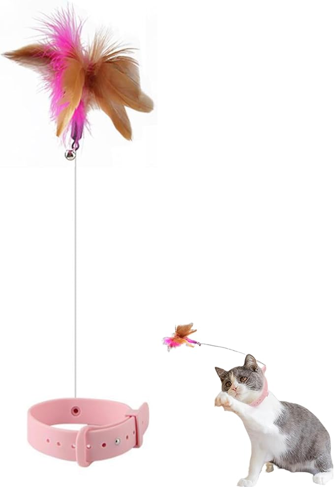 Cat Collar Funny Cat Stick,Interactive Cat Feather Toys with Bell,Cat Teaser Collar Cat Teasing Wand Silicone Collar Interactive Cat Feather Toys for Kitten Play Pink