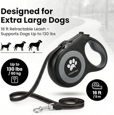 16 ft Retractable Dog Leash for Extra Large Dogs up to 130 lbs,Tangle-Free Nylon Tape,Black Dan24 XL - Image 4