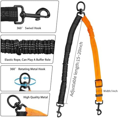 YAODHAOD Double Dog Leash,Two Dog Leash Splitter, No Tangle 360° Swivel Rotation Reflective Lead, Adjustable Length Bungee Heavy Duty Walking Training Dual Extension (Black + Orange) - Image 3