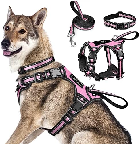 WINSEE Pet Harness Collar and Leash Set, All-in-one Reflective Dog Harness No Pull with Adjustable Buckles for Puppies, Small, Medium, Large, and Extra-Large Dogs (X-Large, Pink) by WINSEE