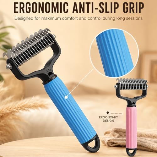 Double Sided Dematting Comb for Cats & Dogs, Undercoat Rake, Pet Grooming Brush for Long Hair, Deshedding Dog Brush Removes Tangles Knots and Loose Fur, Grooming Tool for Thick Coats(Pink) - Image 2