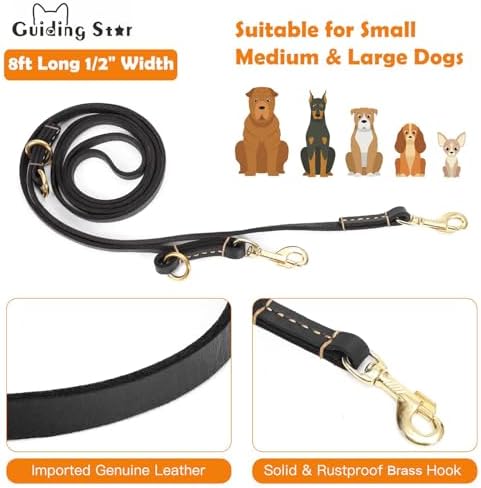 Guiding Star 8ft Leather Dog Leash - Soft Multi-function 6 in 1 Training Walking Leash, Hands Free, Dual, Crossbody for Small, Medium and Large Dogs, Service Dogs, Black - Image 2