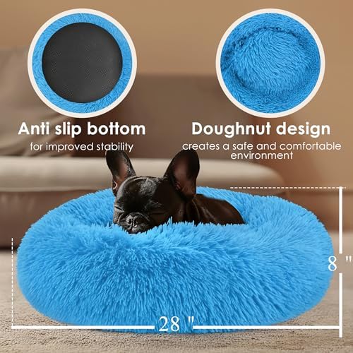 28in Large Dog Bed, Calming Donut Bed for Puppy and Kitten (Light Blue) - Image 3