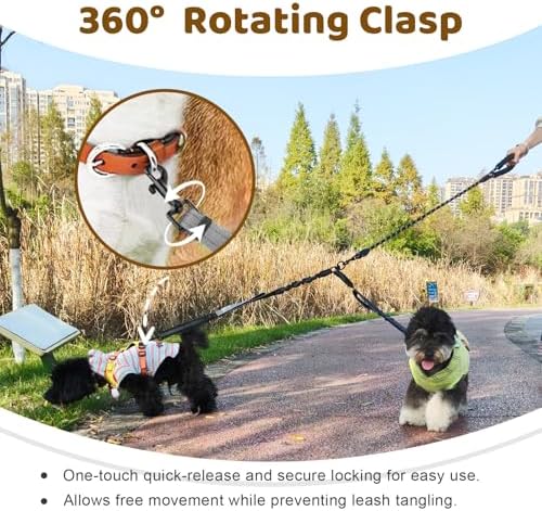 Double Dog Leash - No Tangle Splitter for Two Dogs, Coupler with Adjustable Long Lead Rope, Dual Control Handles, Retractable No Pull Bungee, Walk Train Small Medium Large 2 Pets (Grey) - Image 3