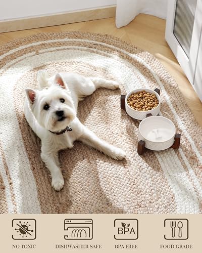 MALACASA Dog Bowl Set, Ceramic Bowls with Walnut Wood Stand, 2 Cups - Image 4
