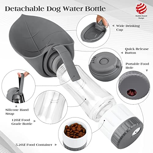 TIOVERY Upgraded Dog Water Bottle, Portable Dog Cat Puppy Pet Water Dispenser Feeder with Drinking Cup and Food Container Leak Proof for Outdoor Walking, Travel, Hiking 12OZ Grey - Image 2