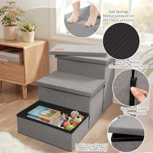 Zerbuger Dog Stairs with Storage, Grey 3 Steps Dog Ramp no Condo for Bed - Image 3