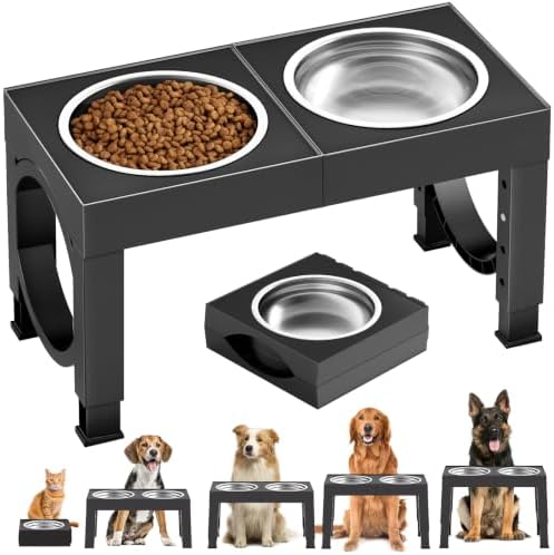 XIAZ Elevated Dog Bowls Large Breed Raised Dogs Bowl Stand Large/Medium Sized Dog Stainless Steel Food Water Bowl Stands 5 Heights Adjustable 9/11/12/14in Black Pet Feeder Dish Station by XiaZPet