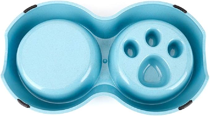 Slow Feeder Dog cat Double Bowl Stainless Steel and Anti-Choking Blue