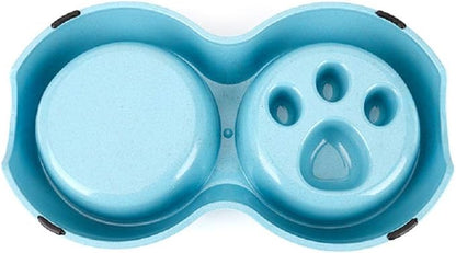 Slow Feeder Dog cat Double Bowl Stainless Steel and Anti-Choking Blue