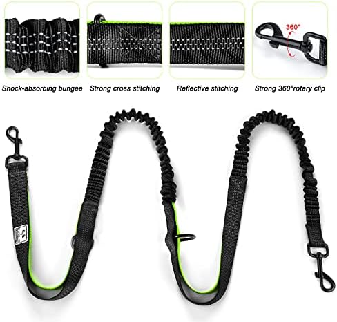 SHINE HAI Retractable Hands Free Dog Leash with Dual Bungees for 2 Dogs, Adjustable Waist Belt, Reflective Stitching Leash for Running Walking Hiking Jogging Biking Black - Green1 - Image 3