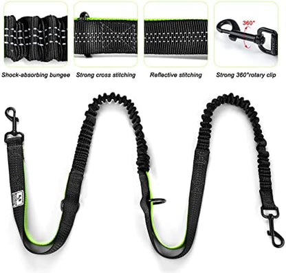 SHINE HAI Retractable Hands Free Dog Leash with Dual Bungees for 2 Dogs, Adjustable Waist Belt, Reflective Stitching Leash for Running Walking Hiking Jogging Biking Black - Green1 - Image 3