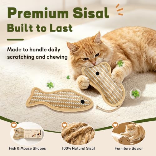 Refillable Catnip Kicker Toys, Sisal Fish & Mouse with Catnip & Silvervine Gall Fruit, Durable Interactive Cat Toy for Indoor Cats, 2-Pack - Image 2