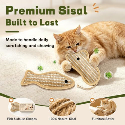 Refillable Catnip Kicker Toys, Sisal Fish & Mouse with Catnip & Silvervine Gall Fruit, Durable Interactive Cat Toy for Indoor Cats, 2-Pack - Image 2