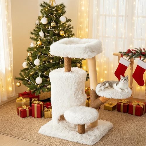 35" Multi-Level Cat Tree with Durable Sisal-Wrapped Posts, Dual Enclosed Condos, Cushioned Perches, and Removable Plush Cover,White by FansaFurn