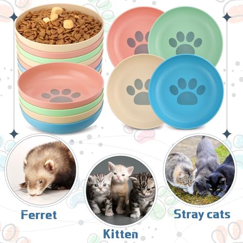 Tioncy 24 Pcs Cat Food Bowl 5.5'' Fatigue Relief Shallow Cat Food Dish Wide and Small Pet Wet Plate Wide Stray Wet Feeding Bowl for Ferrets Feral Short Legged Kitten, Wheat Straw(Four Color,Cute) - Image 5