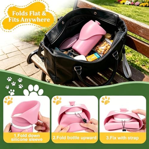 2 in 1 Foldable Dog Water Bottle, Leakproof Portable Pet Dispenser, Pink - Image 2