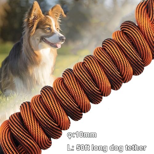 BTINESFUL Tie-Out Check Cord Long Rope Dog Leash, 8ft 12ft 20ft 30ft 50ft 75ft Recall Training Dog Lead, Large Medium Dogs Tether for Outdoor Playing, Camping, or Backyard (50ft, Orange Black) - Image 3