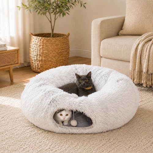 Warm Fluffy Plush Cat Dog Tunnel Bed Under Christmas Tree Big Tube Playground Toys 3 FT Diameter Longer Crinkle Collapsible 3 Way, for Indoor Cat Kitty Kitten Puppy Rabbit Ferret White by MAKEPETLUCKY-WelcometoCatTunnelClub