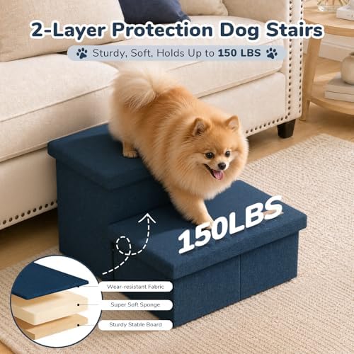 2-Step Wide Dog Stairs with Storage 11" H, Non-Slip Sturdy Pet Steps for Couch Chair, Dog Steps for Small/Medium Old Dogs, Cats, Rabbits Up to 150lbs, Foldable Cat Puppy Stairs for Car, Navy - Image 3