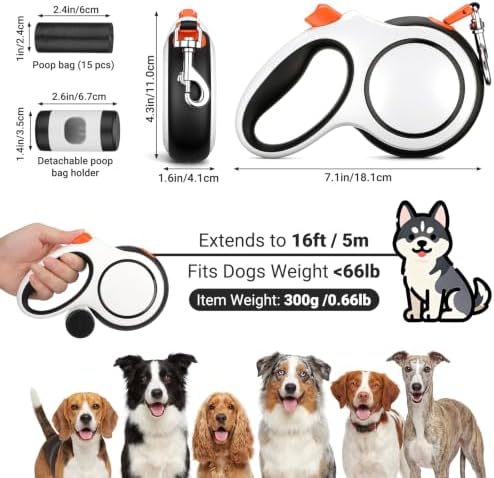 Segarty 16 Ft 360°Tangle-Free Leash with Detachable Waste Bag Holder, Retractable Dog Lead for Pet up to 66 Lbs, 5m White Walking Leash with Anti-Slip Handle & One-Handed Brake Pause Lock for Outdoors - Image 2