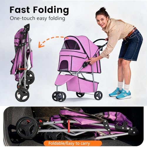 BestPet | 3-Wheel Pet Stroller | Pink | Foldable Dog and Cat Stroller - Image 3