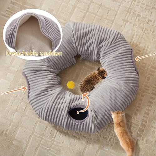 Cat Tunnel Bed for Indoor Cats - Cute Cat Donut Tunnel with Washable Circle Cushion and Blackout Tent Round Pet Play Toy for Kitten/Puppy/Rabbit, Grey - Image 6
