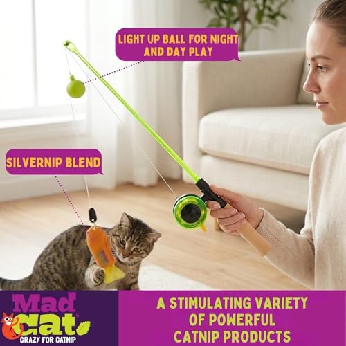 Mad Cat Go Fish Light Up Fishing Wand Teaser Cat Toy, Catnip and Silvervine - Image 2