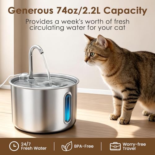 Stainless Steel Cat Water Fountain, 74oz/2.2L Automatic Pet Water Dispenser with 3 Filters & 2 Water Outlets, Quiet Indoor Drinking Fountain for Cats Small Dogs, Water Level Window - Image 3