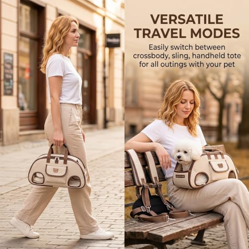 Dog Carrier Sling, Puppy Sling Carrier for Medium Dogs & Cats, Breathable Mesh Pet Shoulder Bag with Adjustable Strap & Pockets, for Outdoor Walking Travel (Beige, M) - Image 4