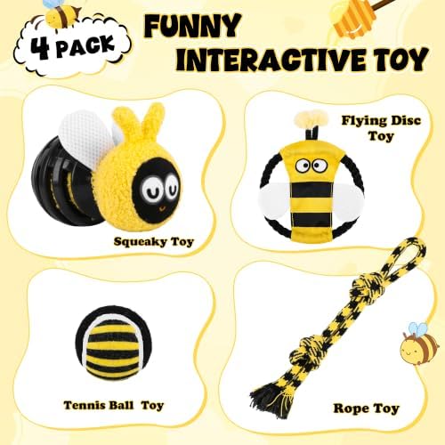 4 Pack Dog Squeaky Toys, Bee Interactive Toys Set, Natural Rope Tug Toy, Crinkle Flying Disc, Tennis Ball ，Puzzle Feeder, Safe Durable Dog Toys for Small Medium Dogs Indoor Outdoor Play - Image 2