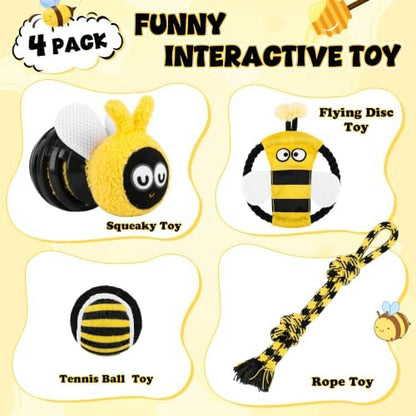 4 Pack Dog Squeaky Toys, Bee Interactive Toys Set, Natural Rope Tug Toy, Crinkle Flying Disc, Tennis Ball ，Puzzle Feeder, Safe Durable Dog Toys for Small Medium Dogs Indoor Outdoor Play - Image 2