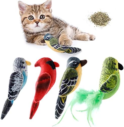 Cat Catnip Toys Interactive Cats 4pcs Kitten Plush Nip Chew Bird Toy with Crinkle Paper Pet Best Treats Stuffed Pillow Cute Teething Play Gifts Soft Kick Sound Supplies for Indoor Kitty by Dorakitten