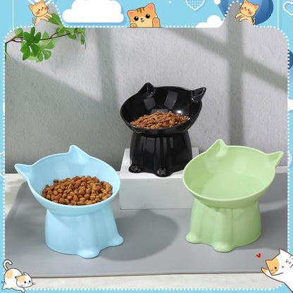 3 Pcs Elevated Cat Bowls 15°Raised Cat Food Bowl with Silicone Mat Green - Image 6