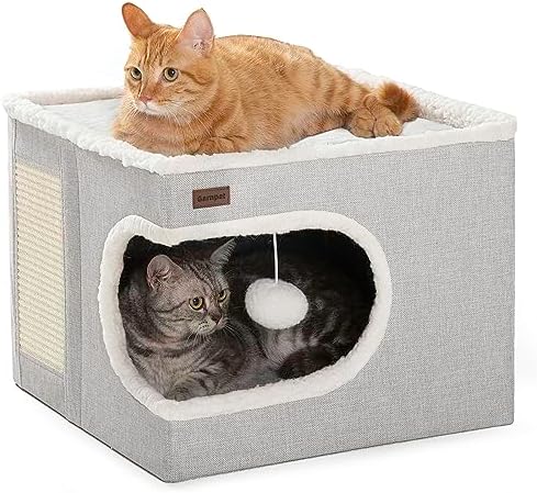 Garnpet Cat Bed for Indoor Cats Cube House, Covered Cat Cave Beds & Furniture with Scratch Pad and Hideaway Tent, Cute Modern Cat Condo for Multi Small Pet Large Kitten Kitty, Grey by Garnpet