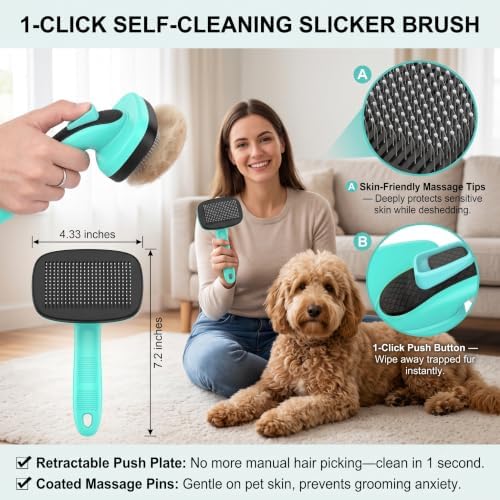 5 PCS Cat & Dog Grooming Kit Brush, Self-Cleaning Slicker Hair Brush, Nail Clipper, Undercoat Rake, Pet Bath Brush with Removable Screen,Pet Comb for Short & Long Haired Dogs Cats, Green - Image 2