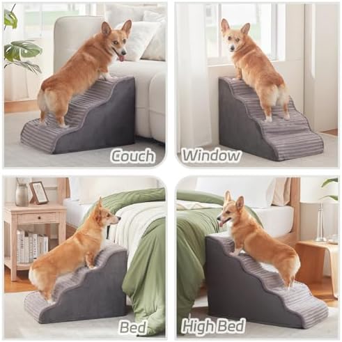 Laojin Balhen Dog Stairs for Small Dogs & Cats 15.7" H, High Density Foam Dog Steps Ramp for Couch Sofa and Chair, Pet Stairs with Non-Slip Bottom and Remove Washable Cover, 3-Step Pet Steps, Grey - Image 2