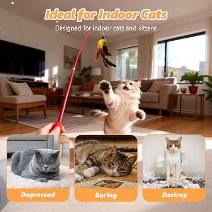 Cat Toys Interactive Feather Teaser Wand Set, Retractable Cat Fishing Pole Toy with Assorted Replaceable Attachments & Bells, Fun Hunting Exercise Toys (11 Pack) - Image 4