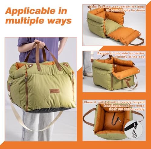 Dog Car Seat for Small & Medium Dogs - 3 in 1 Waterproof Soft Leather Dog Bed for Car with Harness Clip, Travel Bed & Carrier Bag for Pets, Fits Pets Up to 35 lbs (Green, Small & Medium) - Image 4