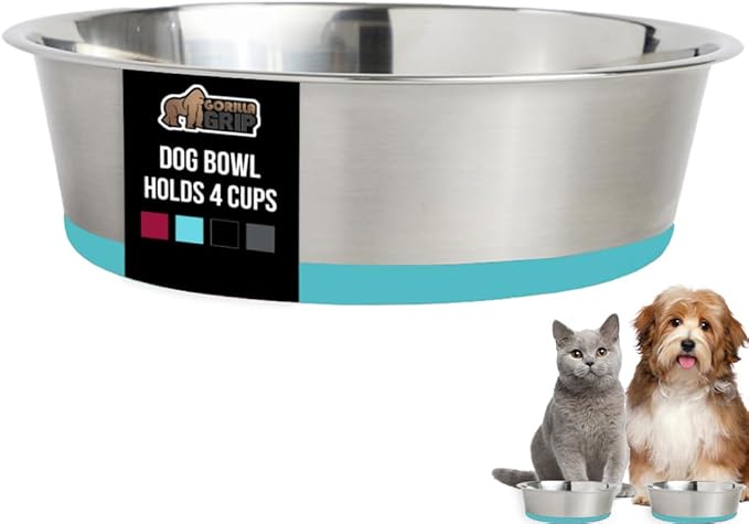 GORILLA GRIP Dog Bowl, Holds 4 Cups (32 fl oz), Food Grade 304 Stainless Steel Food and Water Bowl for Feeding Dogs and Cats, BPA Free Rubber Base, Easy Clean, Dishwasher Safe Rust Resistant Turquoise