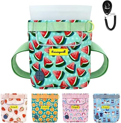 Raisingwell Dog Treat Pouch for Pet Walking and Training with Clicker 2 Cup Silicone Bag Small Fanny Pack Holder for Puppy Snack Dispenser Kit for Leash and Outdoor Use (Watermelon) by Raisingwell