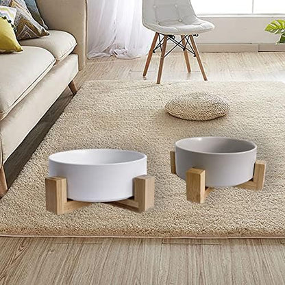 Ceramic Dog Cat Bowl with Wood Stand,Cat Food & Water Bowls Elevated Non-Spill Modern Cute Kitty Dishes Heavy Weighted Round Pet Dishes Set for Kitten Small Cat(White) - Image 7