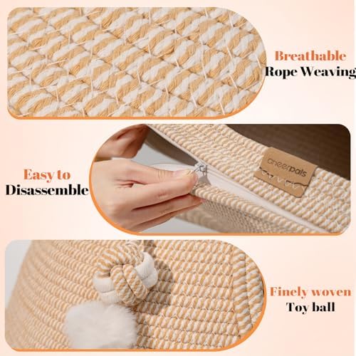 Cat Cave Bed with Washable Cushion and Ball, Handwoven Cotton Rope Cat Basket Bed for Indoor Cats Bed Covered, 3-in-1 Scratching, Playing & Sleeping, All Season Universal(White) - Image 4