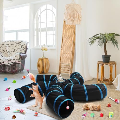 Poen 21 Pcs Cat Tunnel for Indoor Set Collapsible 5 Way Tubes with 20 Pcs Cat Kitten Toys Interactive Feather Toy Mouse Crinkle Balls Tube for Puppy Kitten Rabbit(Blue Black) - Image 6