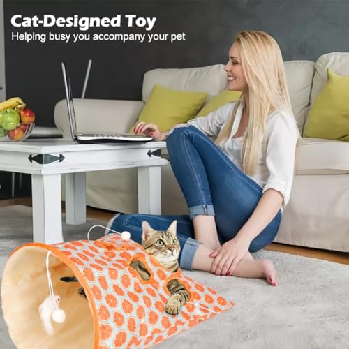 Cat Tunnel Bag for Indoor Cats, Crinkle Bag Toy Cat & Hamsters Play Tunnel Toy, Pet Collapsible Tunnels with 1 Little Mouse & Toy Ball Cats Drill Sleeping Bags (Orange) - Image 2