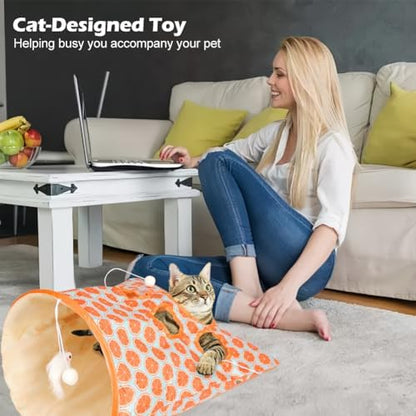 Cat Tunnel Bag for Indoor Cats, Crinkle Bag Toy Cat & Hamsters Play Tunnel Toy, Pet Collapsible Tunnels with 1 Little Mouse & Toy Ball Cats Drill Sleeping Bags (Orange) - Image 2