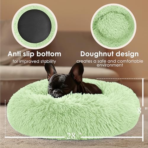 28in Large Dog Bed, Calming Donut Bed for Puppy and Kitten (Green) - Image 3