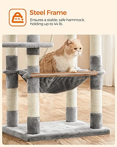 Feandrea Cat Tree, 55.8-Inch Large Cat Tower, Multi-Level Condo, Light Gray - Image 6