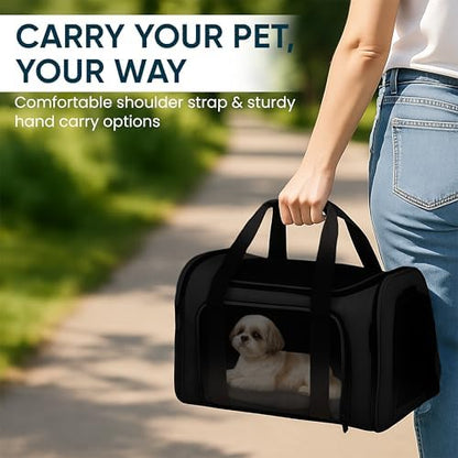 Pet Travel Carrier Bag – Airline Approved Soft-Sided Dog & Cat Carrier, Foldable, Breathable Mesh, Washable Pad – Fits Pets up to 15 lbs – The Pup Quartet (Black) - Image 7